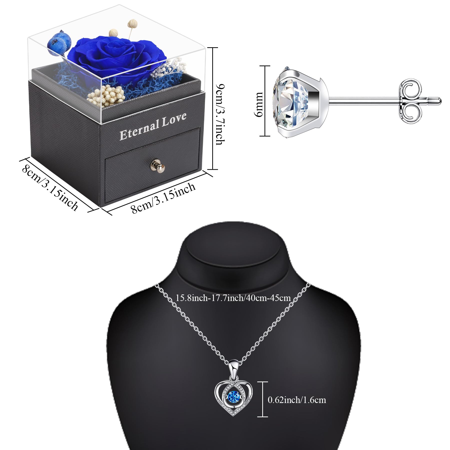 CSYY Rosa Eterna, Festa della Mamma Regalo per Lei con Collana Cuore e Orecchini a Perno San Valentino Festa Della Anniversario Natale Compleanno Sorella Moglie Blu