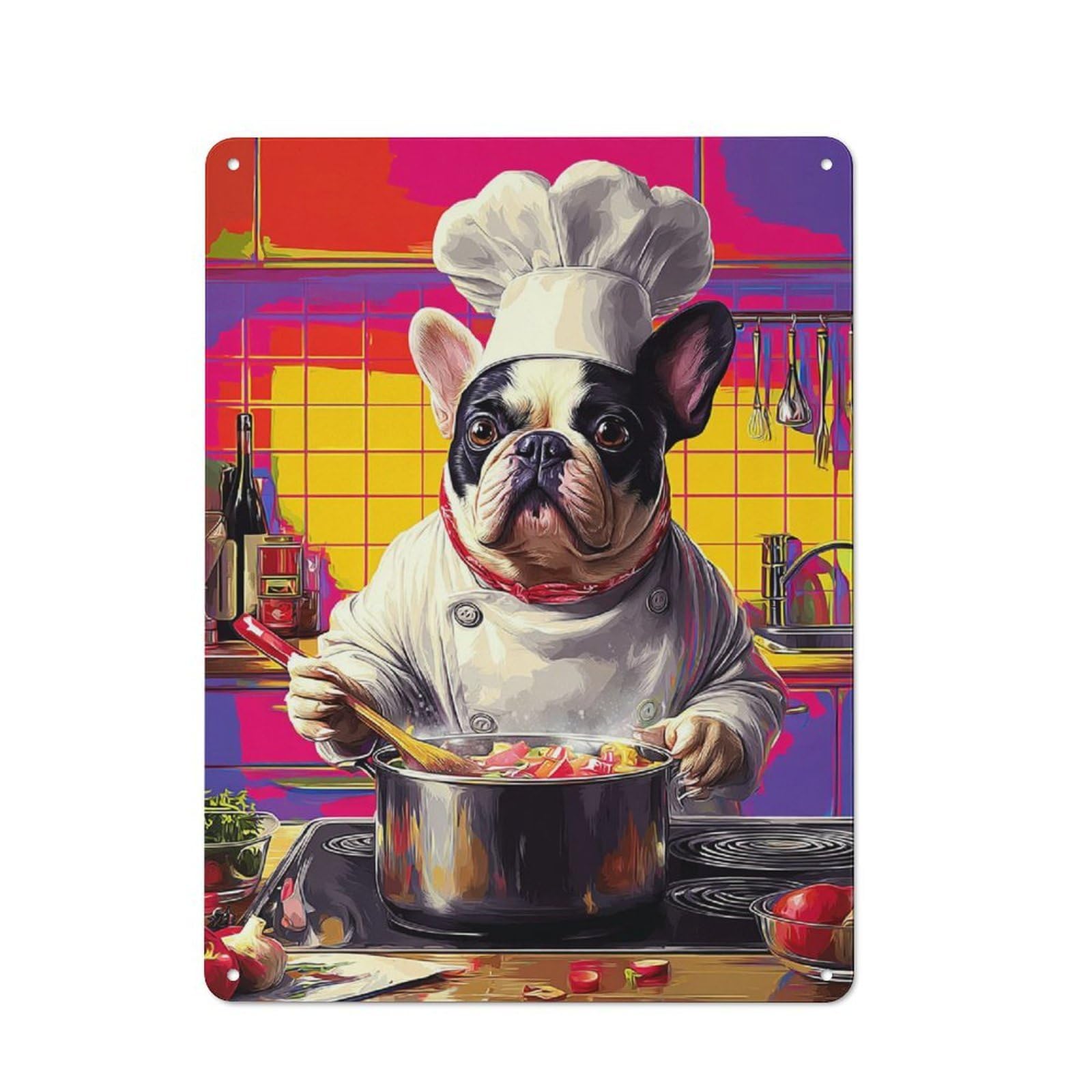 Junmoney Bulldog Chef Cooking In Kitchen Rustic Metal Sign 40X30cm For Café Or Restaurant, Suited To Café Owners And Decorators