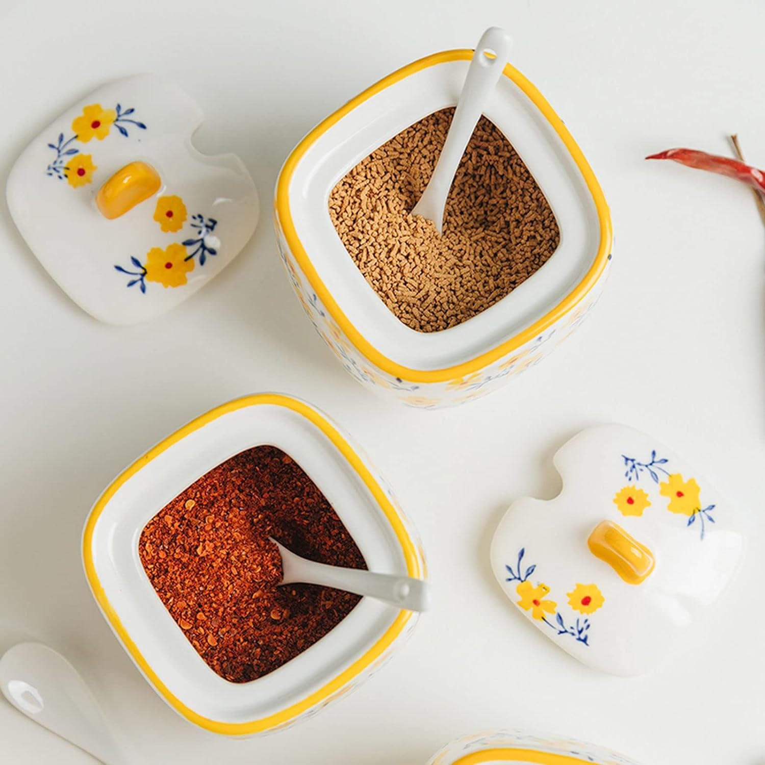 Sucrier en céramique peint à la main en forme de tasse à thé avec couvercle rouge/rose pour accessoires de café et rangement de cuisine