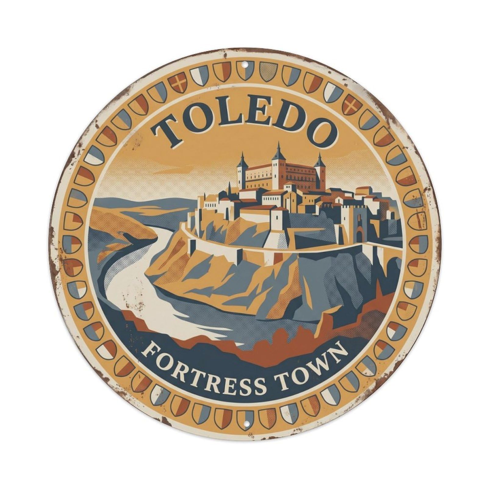 Vintage Travel Alcazar Toledo Fortress Metal Tin Sign Plaque Wall Decor for Cafe, Club Bar, Office, Home Garden Round Metal Poster 8x8Inch