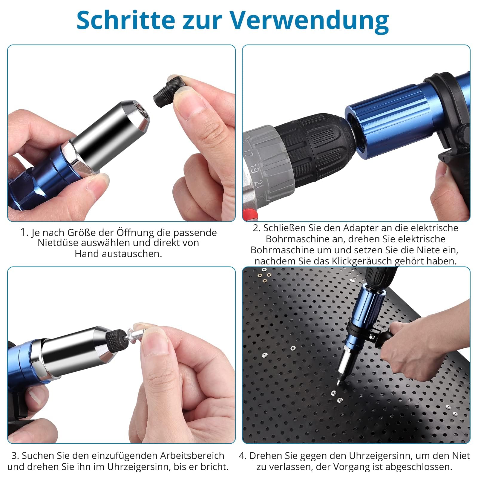 AUTOUTLET Adaptateur de Pistolet à Riveter sans Fil avec Clé pour Le Stockage des Buses avec Poignée 1 Étui Transparent en PVC 80 PCS Rivets 20 par Taille 2,4 3,2 4,0 4,8 mm