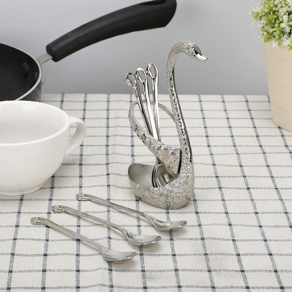 6pcs Coffee Spoons and Holder, Stainless Steel Mini Spoons Dessert Teaspoons Decorative Swan Base Holder for for Coffee Bar, Coffee Station, Party