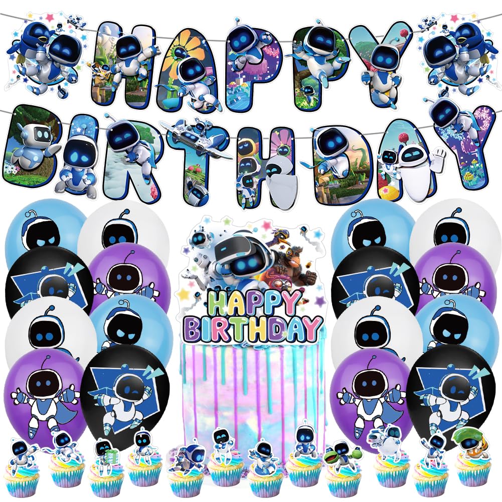 BZQCPLX 30 Pcs As-tro Robot Party Balloons Decorations, Space Robot Decoration For Kids Birthday Party - Balloon, Banner, Cake Topper, Cupcake Topper Cartoon Games Party Supplies