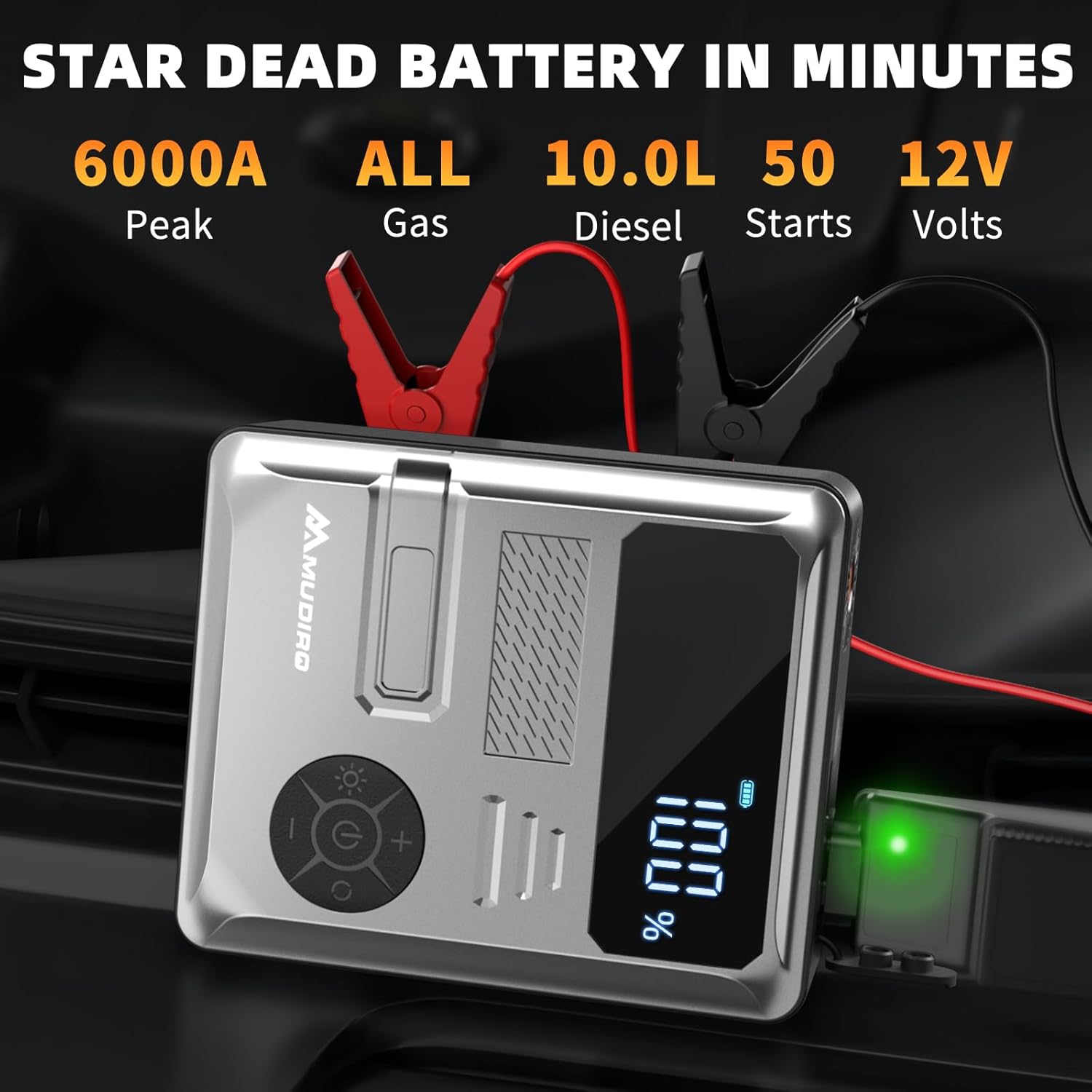MUDIRO M-JC3 Jump Starter connected to a car battery, highlighting 6000A peak current capability