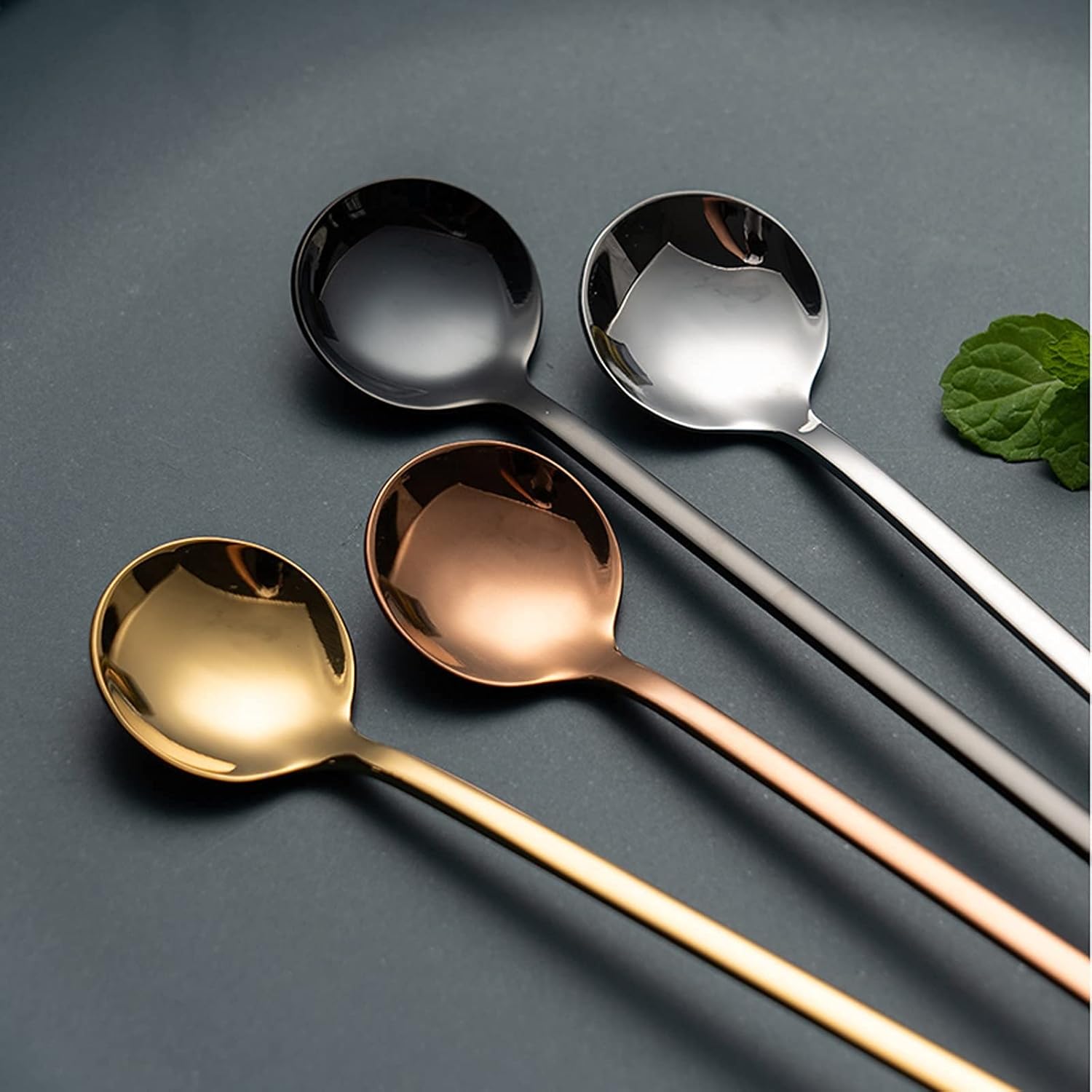 Spoons Pack of 4, Plating Stainless Steel Long Handle Mixing Dessert Spoons Coffee Spoons Set for Coffee Sugar Dessert Cake Ice Cream 9.5 Inch TeaspoonA (A)