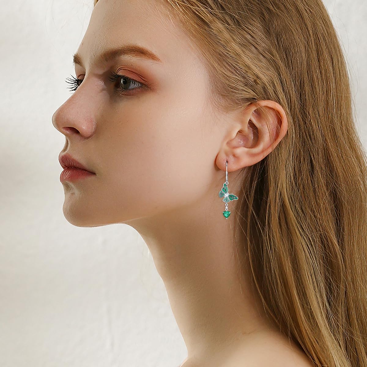 Emerald/Garnet Butterfly Dangle Earrings 925 Sterling Silver with Heart-Shaped Gems for Women - Image 4