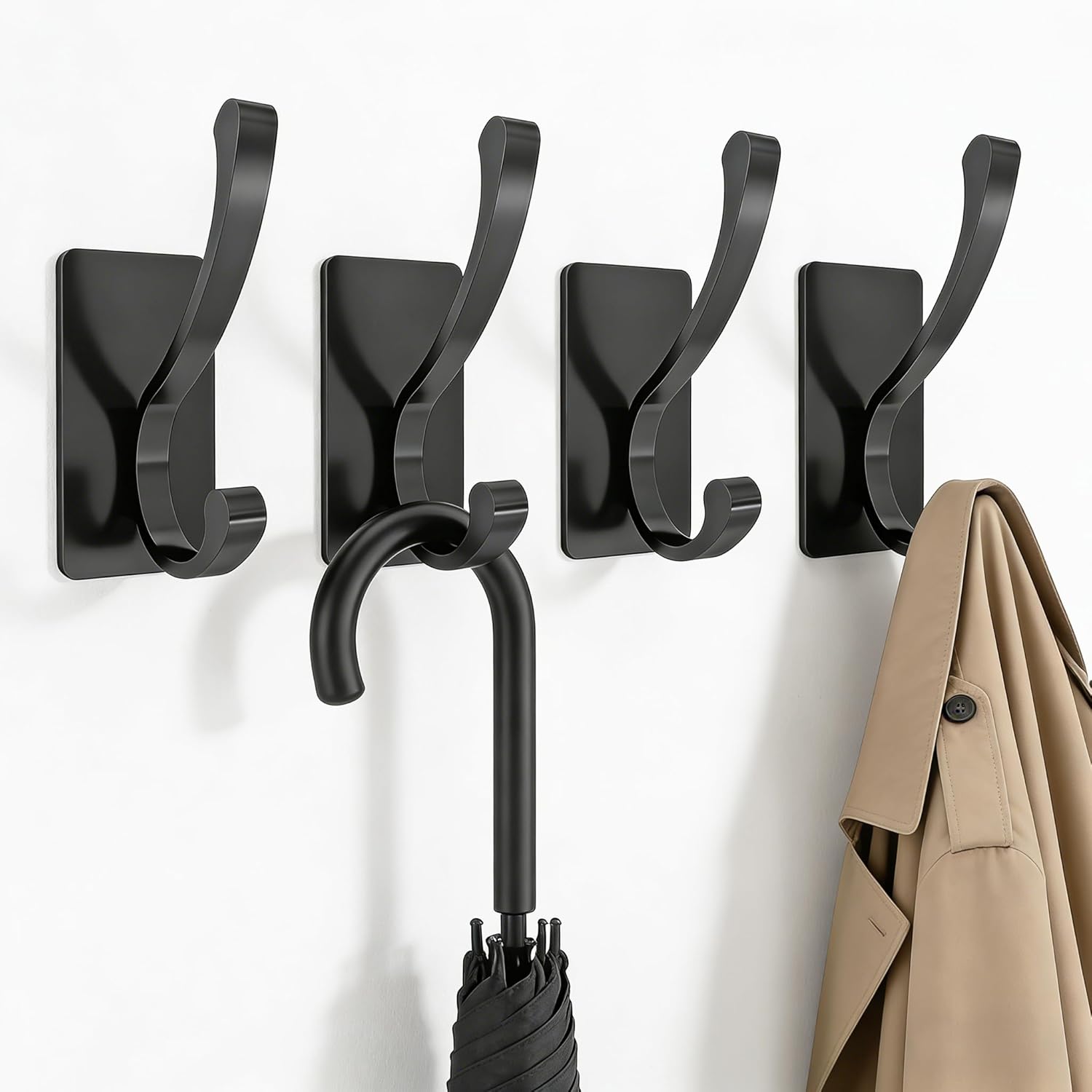 Jesginboo Heavy Duty Coat Hooks for Wall, Self Adhesive Wall Hooks for Hanging Jacket, Backpack, Hat, Clothes, Stick On Door Hanger Hook - for Dorm, Closet, Entryway, Door - Black, 4 Pack