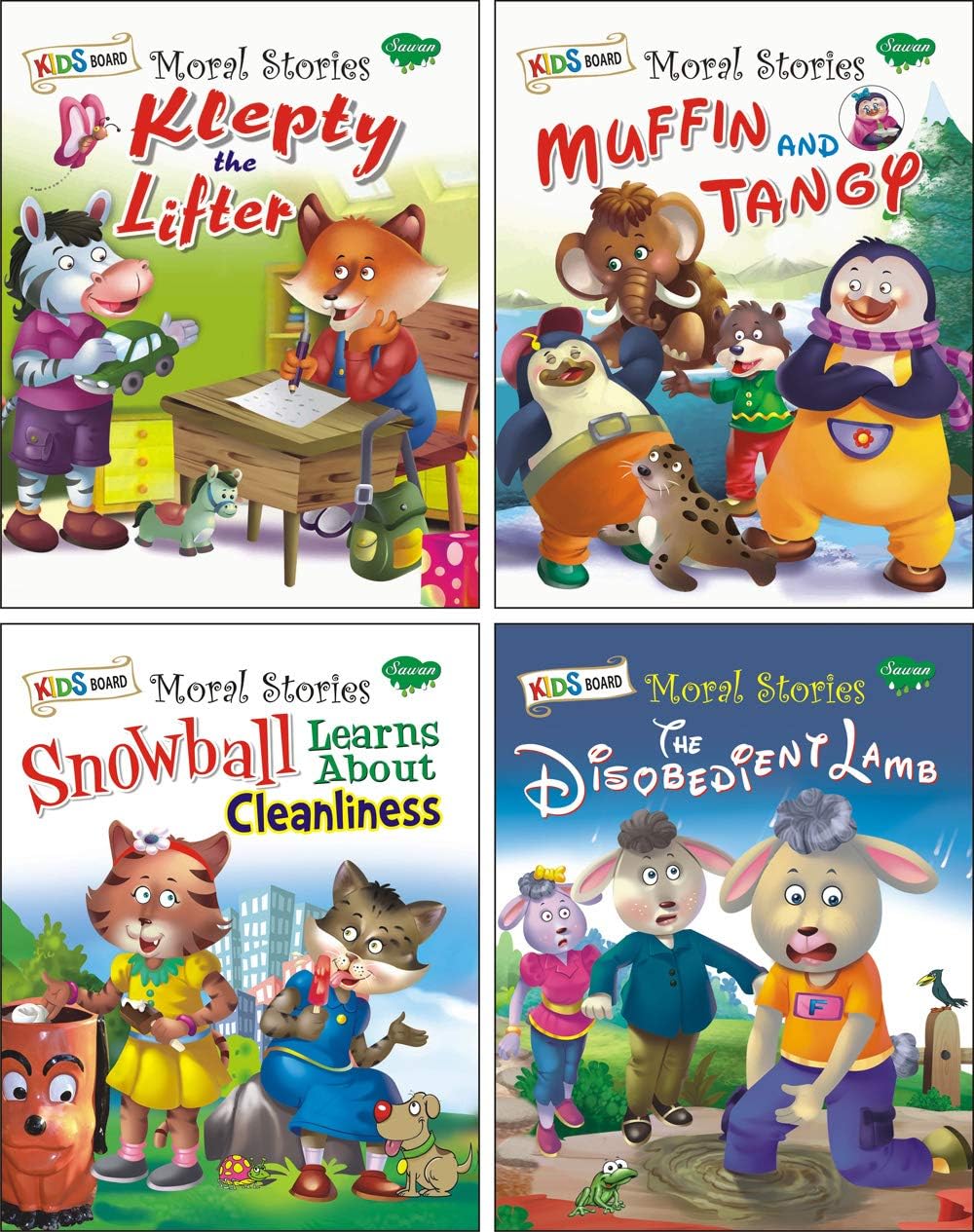 Sawan Kids Board Moral Stories- Klepty the Lifter, Muffin and Tangy, Snowball Learns About Cleanliness, The Disobedient Lamb |Pack of 4 Books [Board ... Editorial Board; Sahil Gupta and Shashank