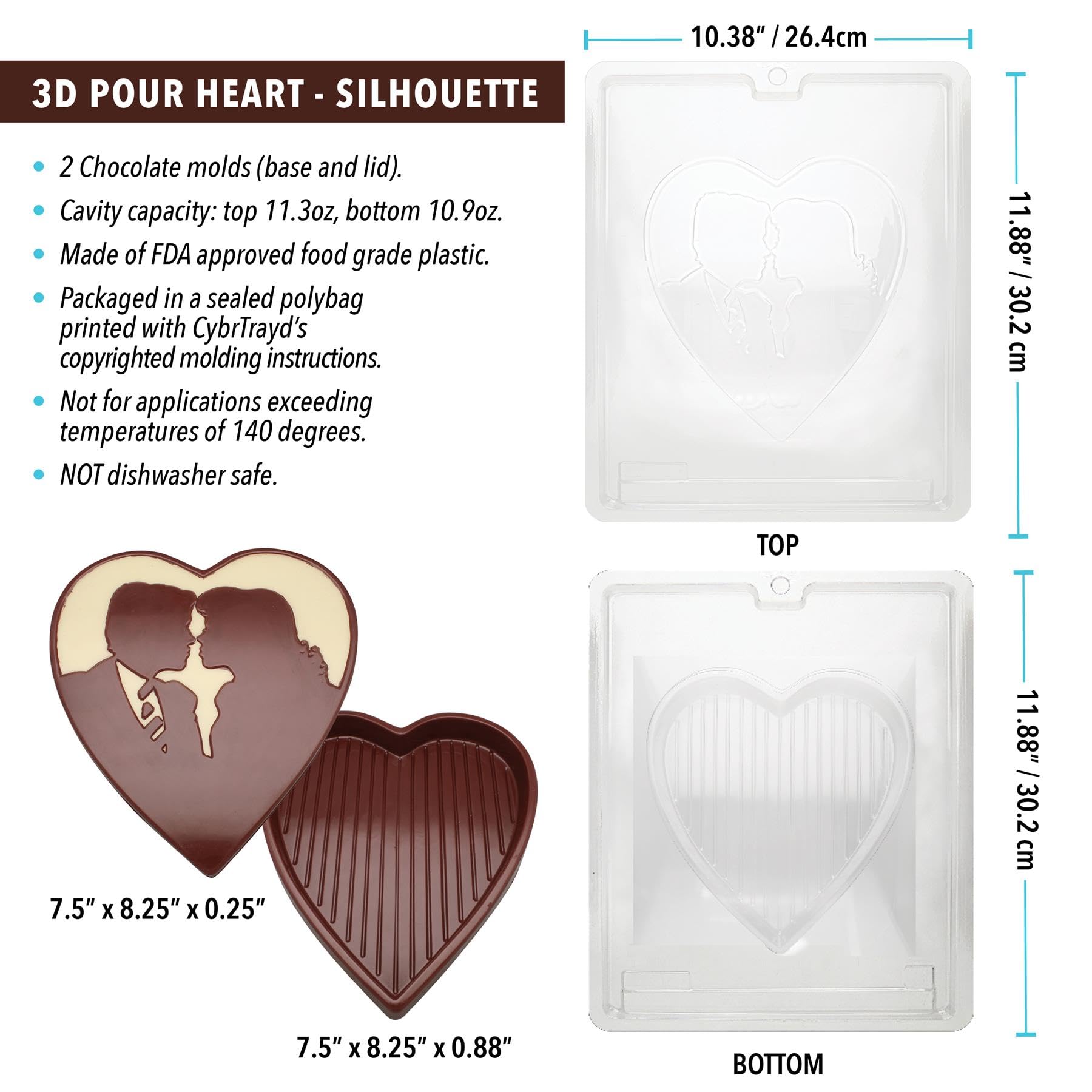 Cybrtrayd V301AF - Stampo per cioccolatini 3D con istruzioni e kit a 2 pezzi, per versare il cuore