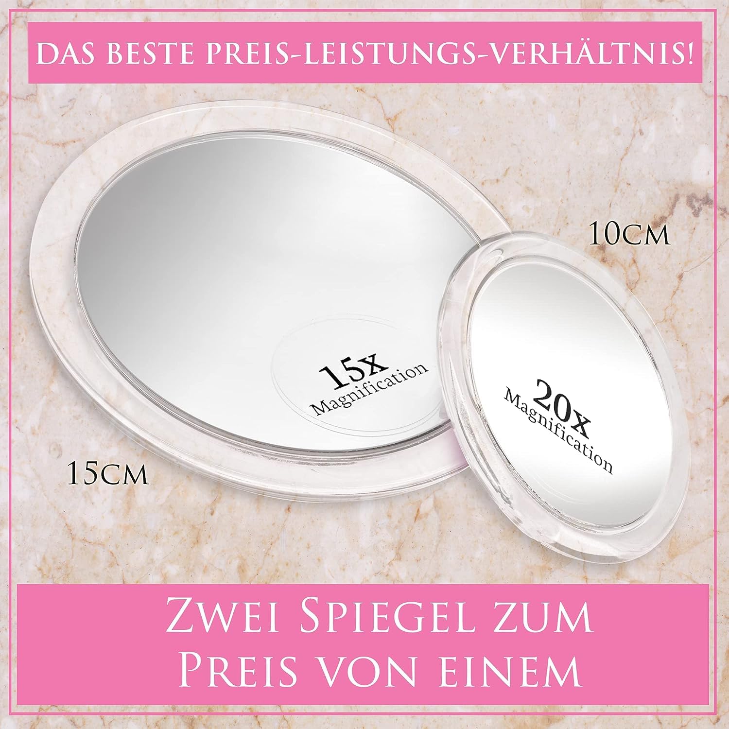Mirrorvana Vergrößerungsspiegel 20-Fach und 15-Fach mit Saugnapf, runder Kosmetikspiegel für Make-up, Ø 15 cm und Ø 10 cm