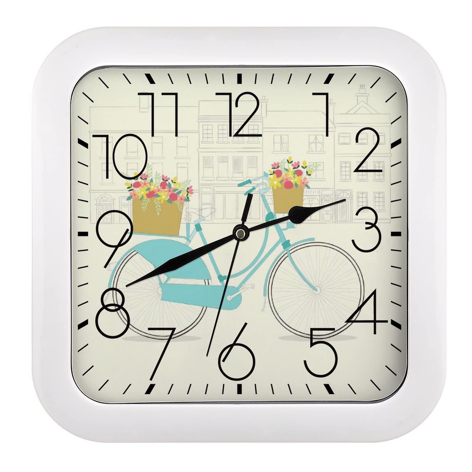Horloge murale carrée bicyclette bleue 26x26cm à grands chiffres pour salon