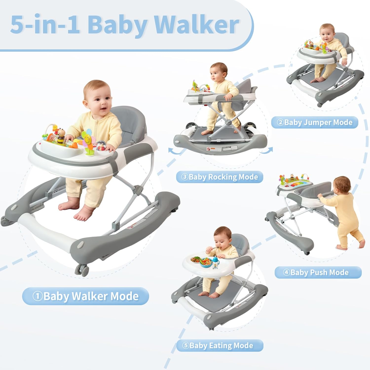 5 in 1 Baby Walker, Music and Lights Walker for Baby Boy Girls 6-12 Months, Foldable Baby Walkers with Wheels and Bouncer Combo Portable, Toddler Infant Walker with Adjustable Height - Image 2