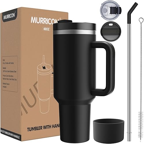 MURRICON Vaso de 40 onzas con asa y pajilla, vaso reutilizable al vacío con tapa, taza de viaje aislada de acero inoxidable, para café y bebidas