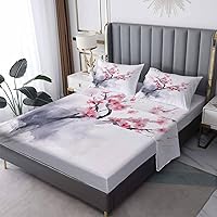 Vista 1 de Japanese Cherry Blossom Sheets California King Sheet Sets - Bed Sheets for Kids Boys Girls, Ink Painting Sheet Set with Deep Pocket Fitted Sheet