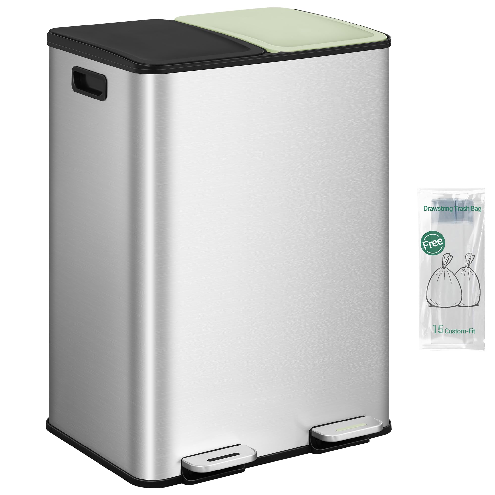 Hzuaneri Mülleimer Küche, 2 x 30 L, Mülltrennsystem 2 Fächer, Mülleimer mit Farbigem Soft-Close-Deckel und Pedal, Küchenabfalleimer mit Inneneimer, Stahl, inklusive 15 Müllbeuteln, Silber SW23199E