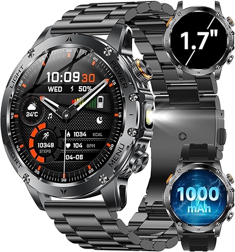 KPEP Military Smart Watches for Men, 1000mAh BatteryLED Flashlight2 StrapsIP67 Waterproof Smartwatch, StressBlood OxygenHeart RateSleep Monitor,