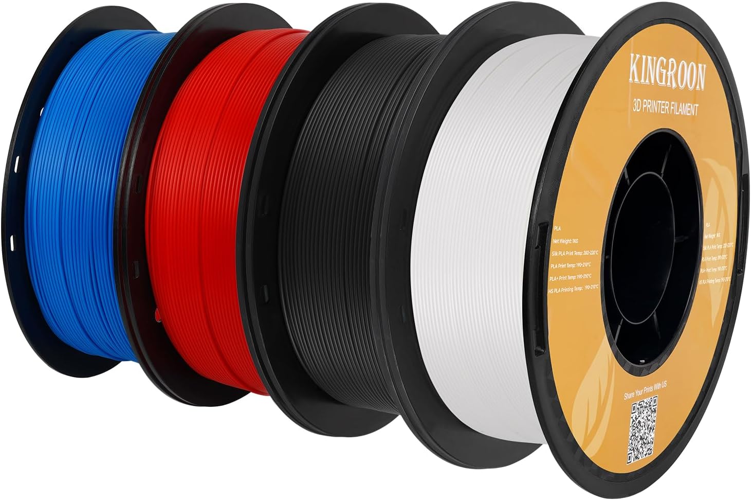 Kingroon High Speed PLA Bundle Printer Filament 1.75mm, Rapid Printer Filament 30-600mm/s Hyper Printing Filament, Dimensional Accuracy +/- 0.03 mm, 4 kg Plastic Spool (8.8lbs(Black&White&Red&Blue)