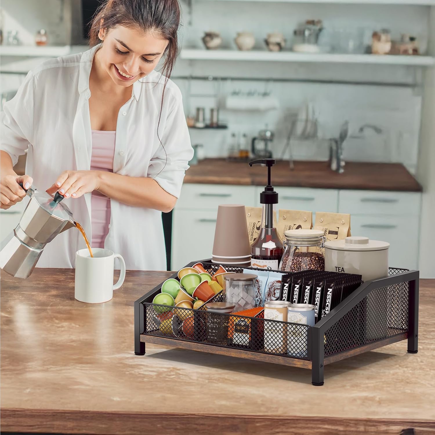 Homsorout Coffee Station Organizer - coffee bar Organizer with Removable Dividers for Pods Condiment Syrup Tea Cups Stirrers - Brown