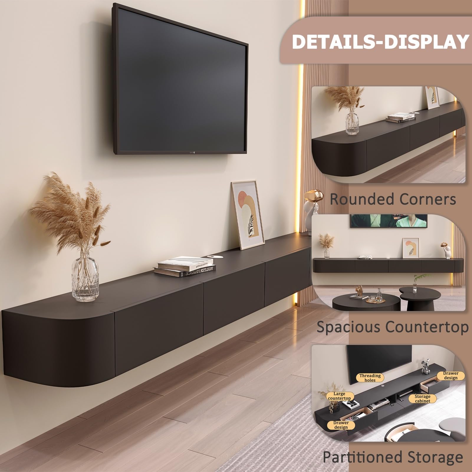 Tv Unit,Floating TV Stand,Wall Mounted TV Cabinet With Door & Drawer,Floating Shelves,Entertainment Media Console Center Large Storage TV Bench For Living Room & Office(B,200x24x20cm)