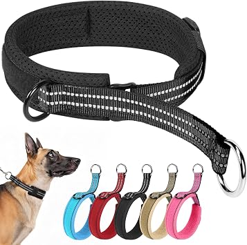 Reflective Martingale Dog Collar, Escape proof No Pull Dog Slip Collar, Adjustable Nylon Anti Pull Pet Collars for Narrow Head Canines, Soft Padded for Large Medium Dogs Black, M