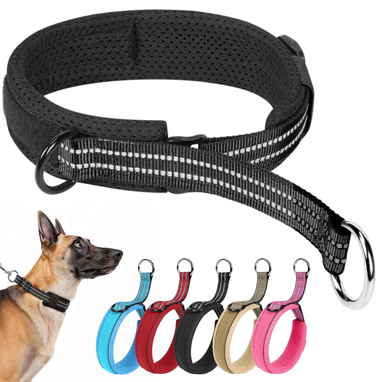 Collar Martingale, Collares Antitirones para Perros, Collares Reflectante de Nailon Ajustable, Collar de Estrangulamiento para Perro Entrenamiento y Paseo Diario, Medianos y Grandes (Negro, L)