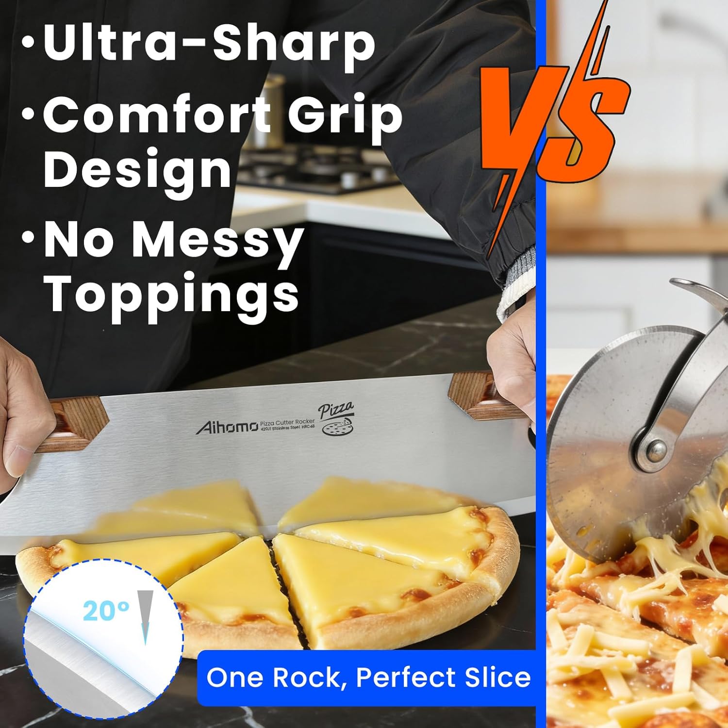 Professional Pizza Cutter Rocker, 13 Inch 420J1 Japanese Stainless Steel Blade, Pakkawood Handle with Hand-Guard, Protective Cover Included, Dishwasher Safe