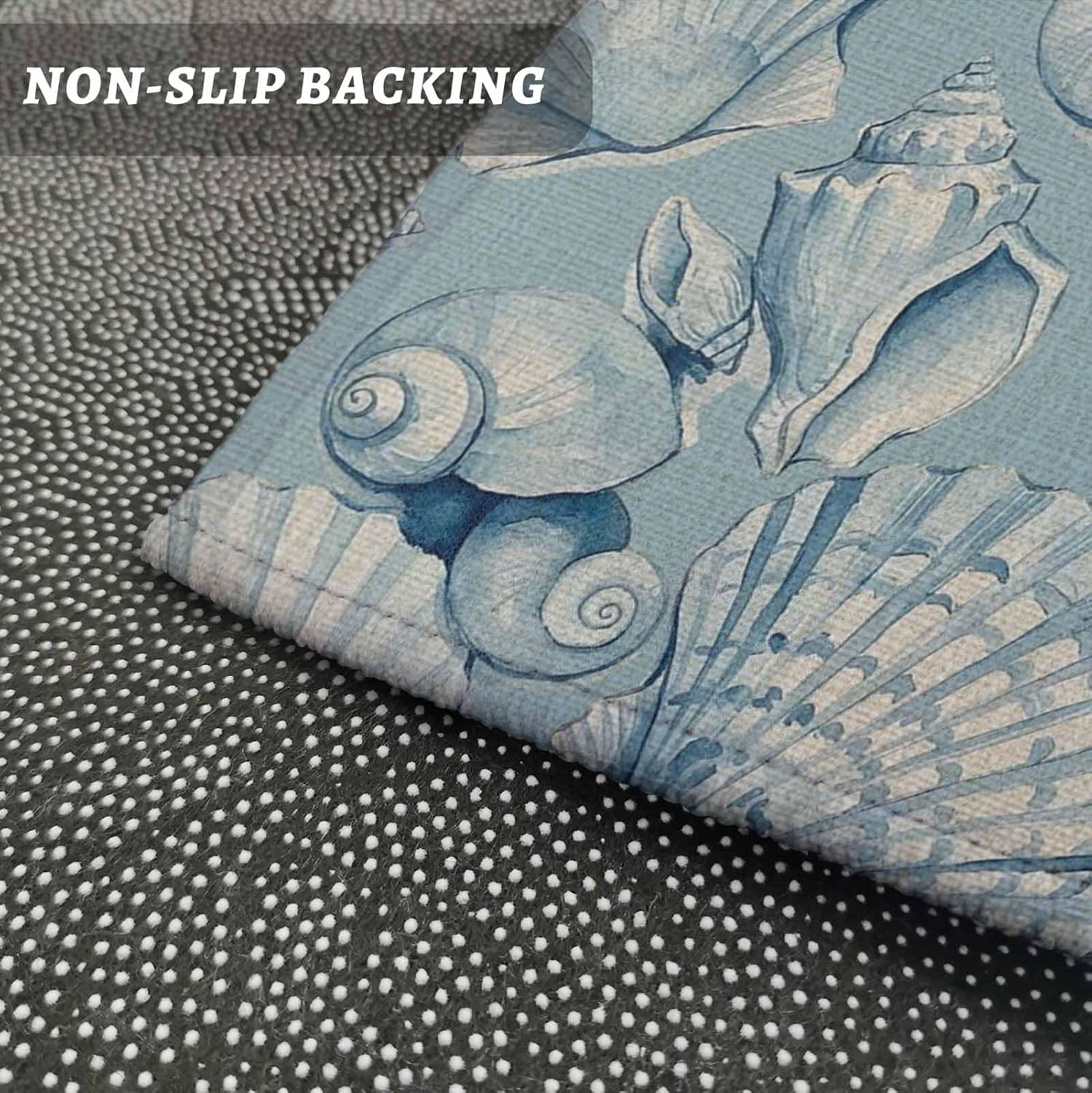 Teamery Kitchen Mats for Floor Ocean Blue Conch Shell Washable Non Slip Kitchen Rugs 1PCS, Underwater Animal Retro Linen Absorbent Standing Mats for Sink Bathroom Office Living Room 15.7x47.2in