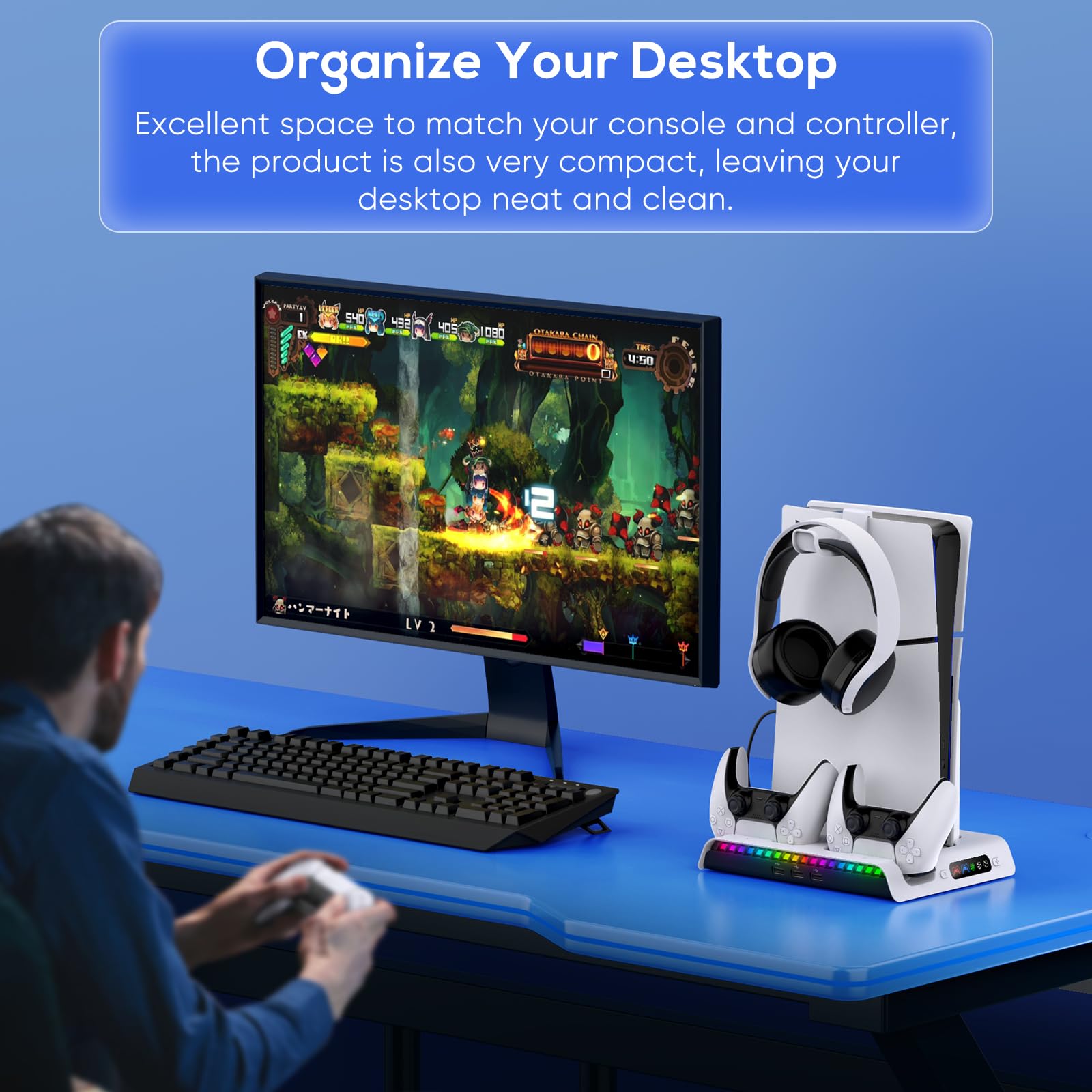 FASTSNAIL Support pour PS5/PS5 Pro/PS5 Slim avec Ventilateur | 9 Modes RVB, Ventilateur à 3 Vitesses, Charge Rapide en 3h, Voyant LED, 3 Ports USB, Design Antidérapant, avec Crochet
