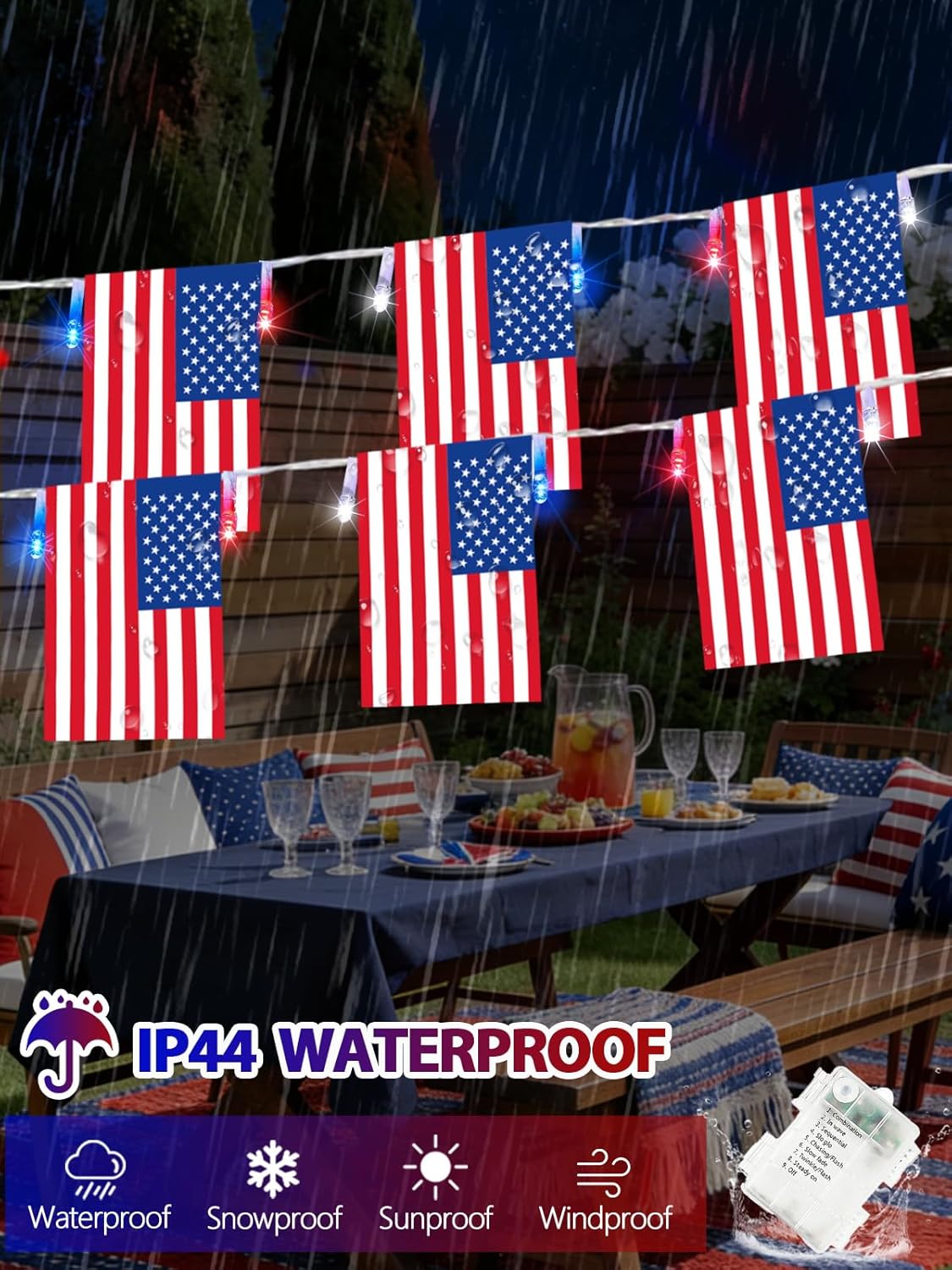 4th of July Patriotic Lights, 2PK 48FT 100LED Red White Blue String Lights with 50 American Flags, Battery Operated Waterproof 8 Modes & Remote & Timer for 250th Anniversary Independence Day Decor