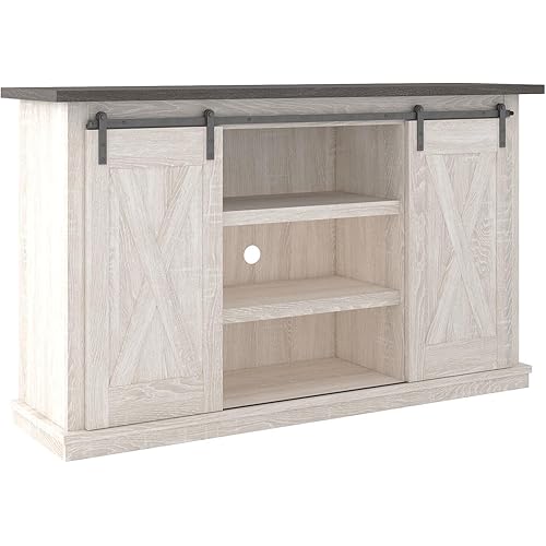 Signature Design by Ashley Dorrinson Farmhouse TV Stand Fits TVs up to 50" with Sliding Barn Doors and Storage Shelves, Whitewash & Gray