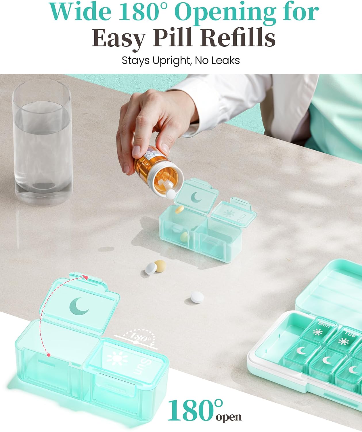 Zoksi Am Pm Pill Organizer 7 Day, Weekly Pill Box 2 Times a Day, Medicine Pill Organizer with Separate Compartment, Travel Pill Case Dispenser Portable for Vitamins, Fish Oils, Medicines(Green) image 4