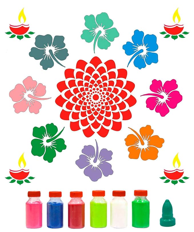 Incredible Gifts India Flower with Diwali Rangoli Stencils for Floor Large Size with Six Rangoli Colors (Wood, 30cmx30cm)