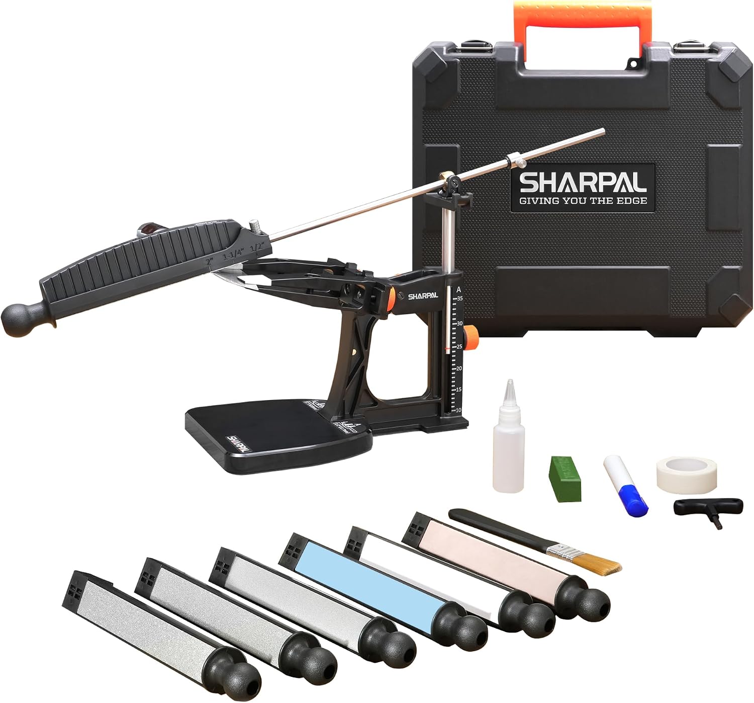 SHARPAL 202H Precision Knife Sharpening System–Adjustable Angle 10–35° Knife Sharpener Kit with 7 Abrasive Plates (Diamond 220/325/600/1000, Whetstone 3000/6000, Leather Strop) and Giftable Carry Case - Amazon product rated Grade B