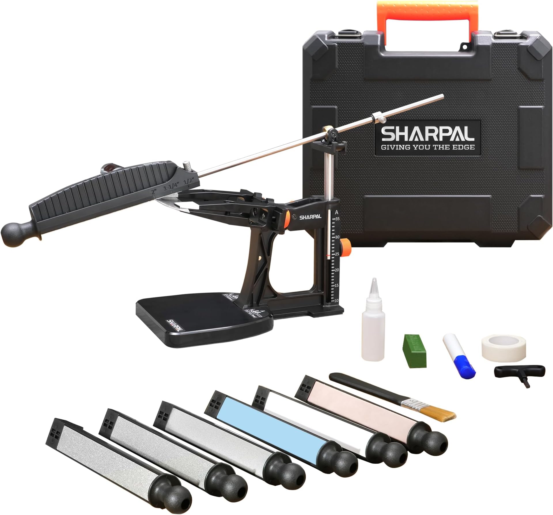 SHARPAL 202H Precision Knife Sharpening System - Angle Adjustable (10-35°) Knife Sharpener Kit with 7 Types of Polishing Plates (Diamonds 220/325/600/1000, Whetstone 3000/6000, Leather Strobe) Includes Carrying Case for Gift