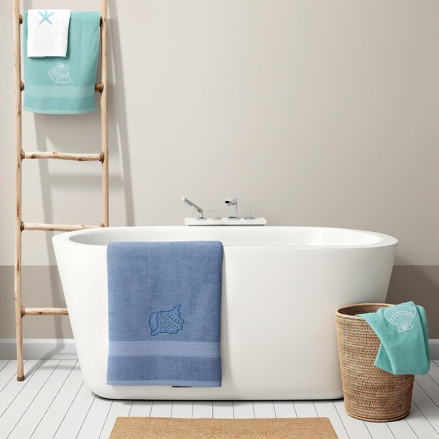 6Pcs Coastal Ocean Beach Bath Towel Set Cotton Embroidered Towels Highly Absorbent Includes 2 Bath Towels, 2 Hand Towels, 2 Wash Cloth for Summer Kitchen Dish Shower Supplies