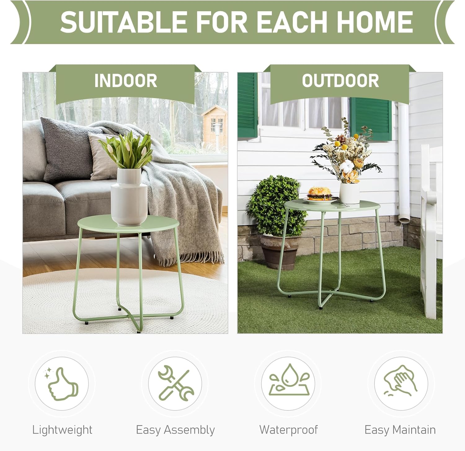 Patio Small Side Table, Waterproof Round Metal Coffee Table, Weather Resistant End Table for Indoor Outdoor Garden Balcony Yard, Green