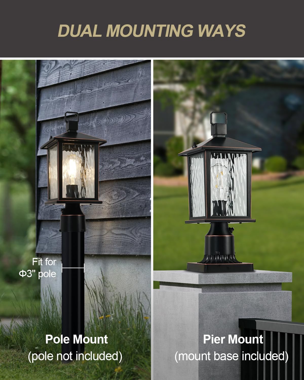 Dusk to Dawn Outdoor Post Light, Hardwired Oil-Rubbed Bronze Pole Lantern with Pier Mount Base, Water Ripple Glass, 17'' Waterproof Lamp Post Light Fixture for Driveway, Pathway, Yard
