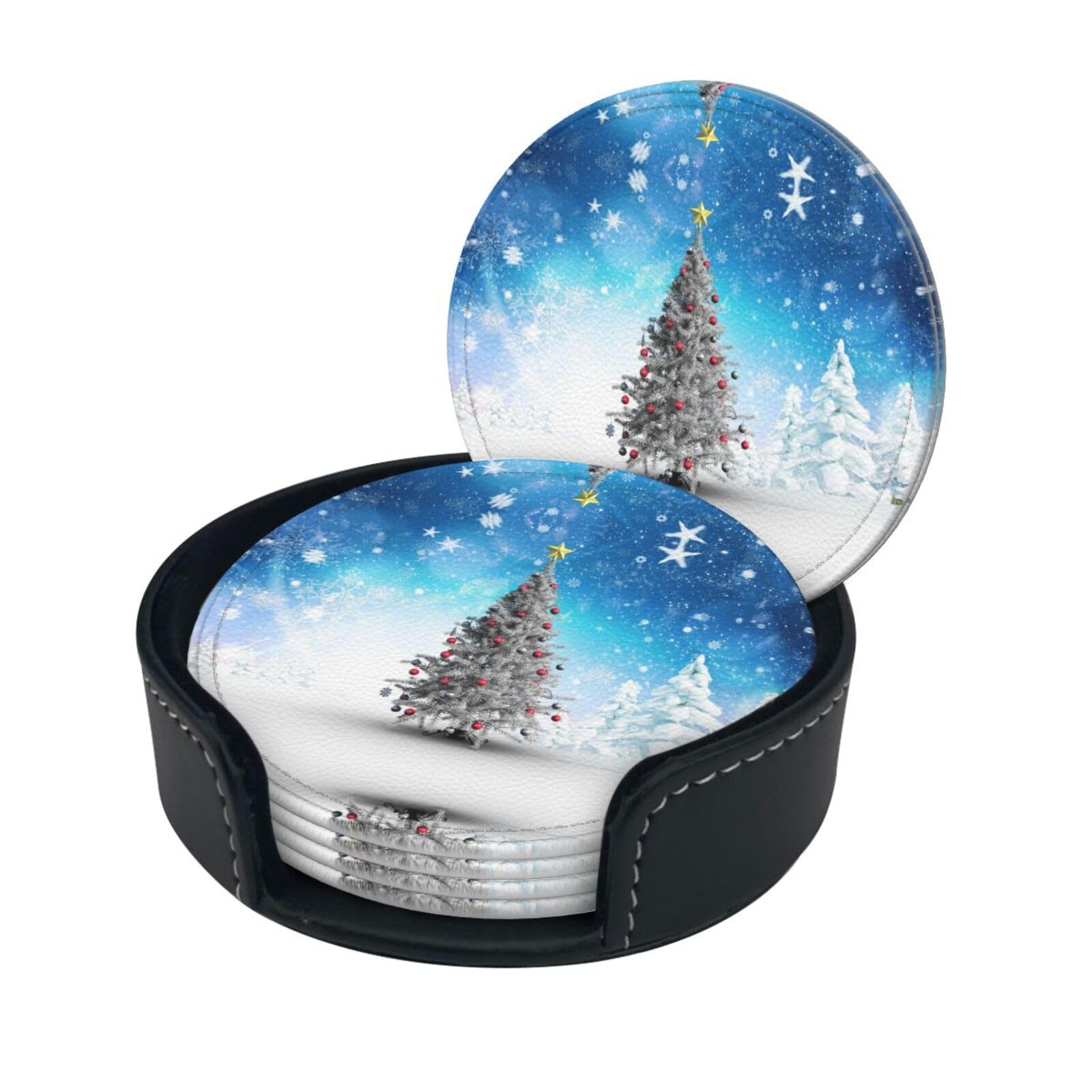 Christmas Trees Print Round Leather Coasters - Set Of 6, Ultra-Fiber Pu Leather