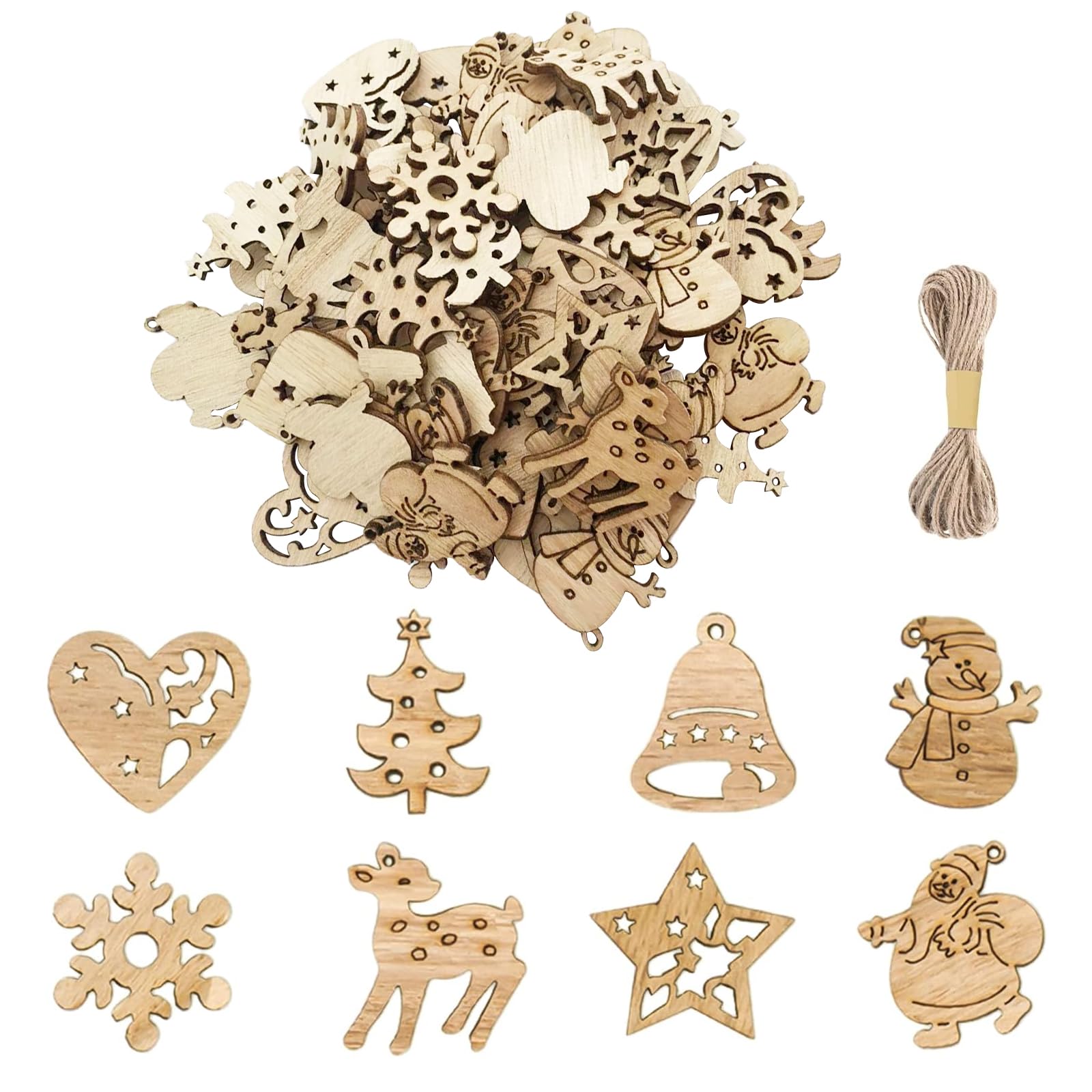 100 Piezas Adornos Navideños de Madera, Mini Adornos Colgantes para Árboles de Navidad, Madera Manualidades de Decoración Navideña para Bricolaje, Rebanadas, Scrapbooking (Estilo1)