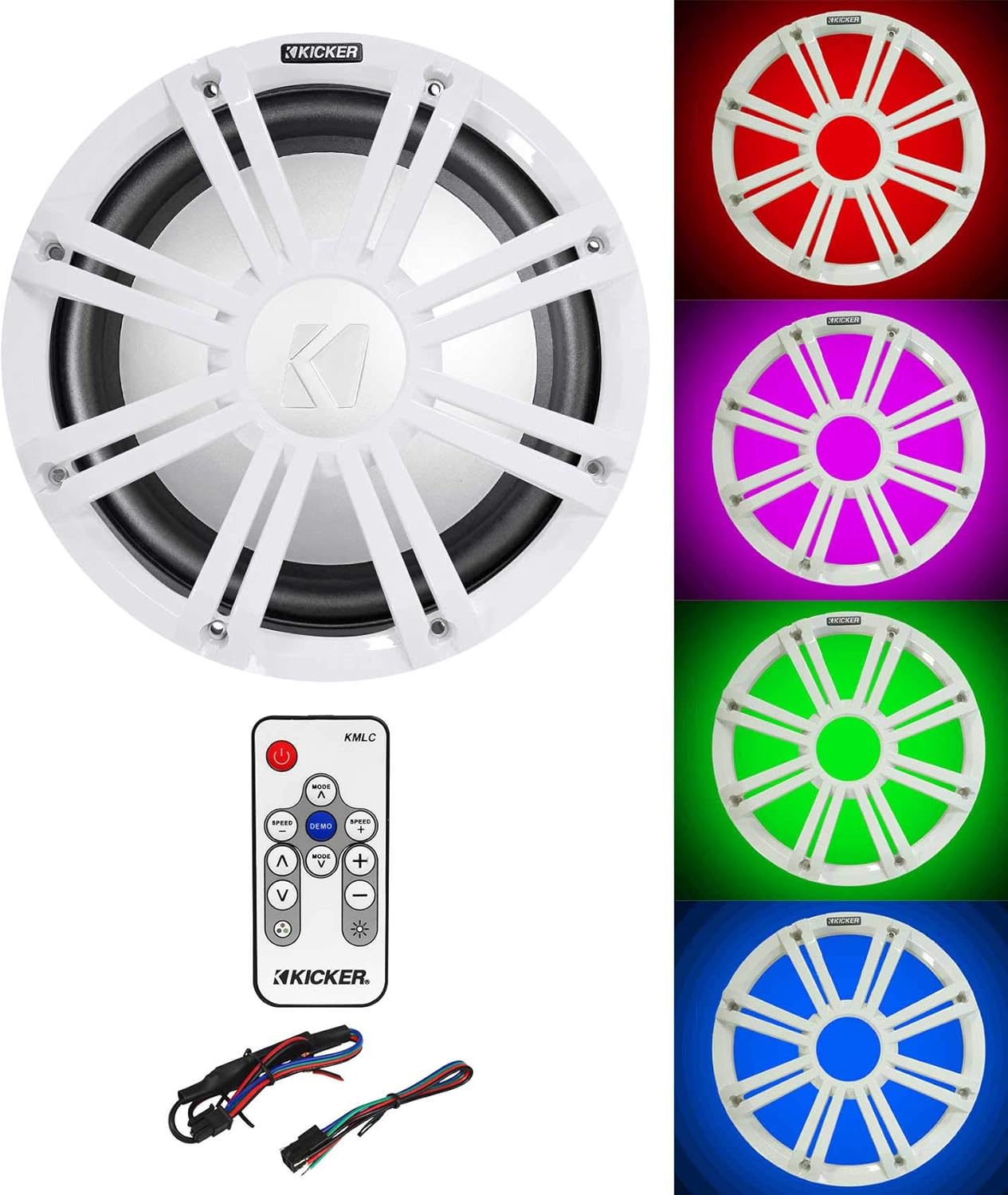 Audiosavings Bundle: Kicker 45KMF102 10" RMS Marine Boat Subwoofer Bundle with 45KMG10W 10" White Grille w/LED Subwoofer & 41KMLC KMLC LED Light Controller (3 Items)