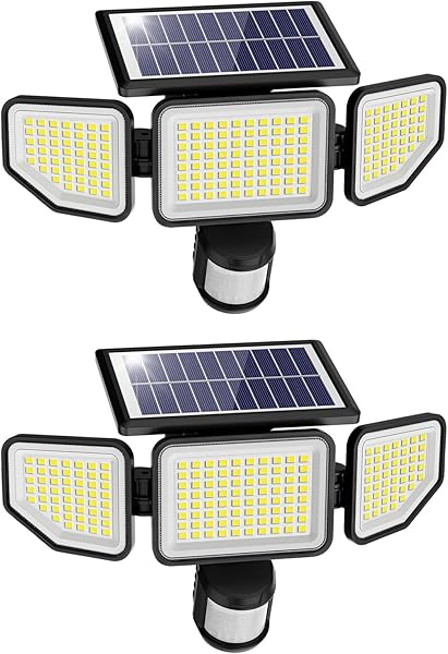 Onforu 4500LM Solar Lights Outdoor, 3 Heads Security Lights with Remote Control, IP65 Waterproof Motion Sensor Lights, 3 Modes Flood Lights for Wall, Porch, Yard, Outside, 2 Pack