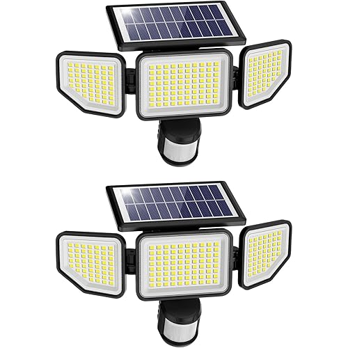 Onforu 4500LM Solar Lights Outdoor, 3 Heads Security Lights with Remote Control, IP65 Waterproof Motion Sensor Lights, 3 Modes Flood Lights for Wall, Porch, Yard, Outside, 2 Pack