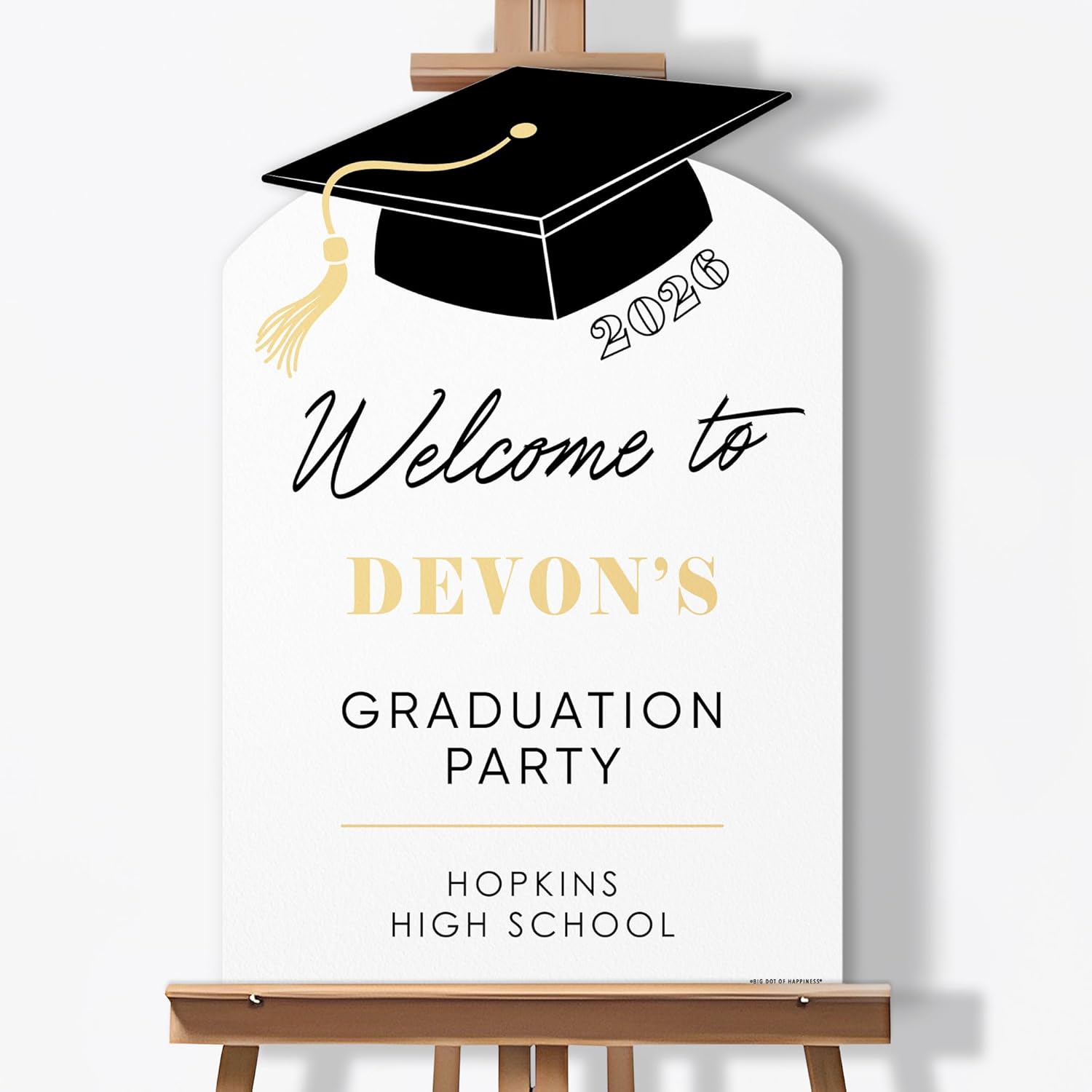 Big Dot of Happiness Personalized Black & Gold Graduation Welcome Sign, Class of 2026 Custom Grad Party Tabletop Signage, Premium Matte Plastic Board, 11 x 17 inches
