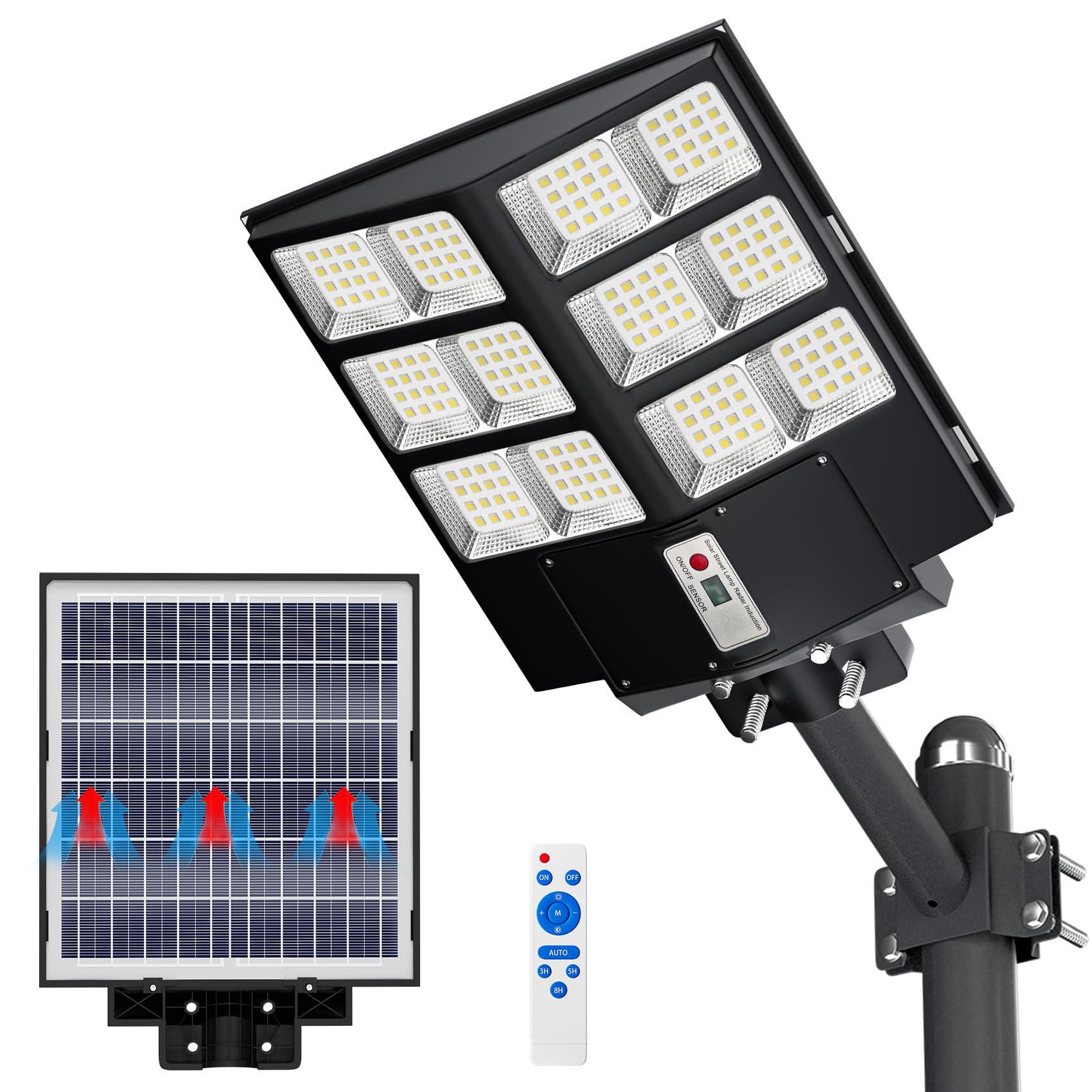 JAYNLT 1000W Lampione Solare Led Esterno, 6500K Faro Stradale con Pannello Solari, IP67 Impermeabile Luci Solari di Sicurezza, Lampioni Stradale con Sensore Movimento per Sentieri, Vialetti, Giardino