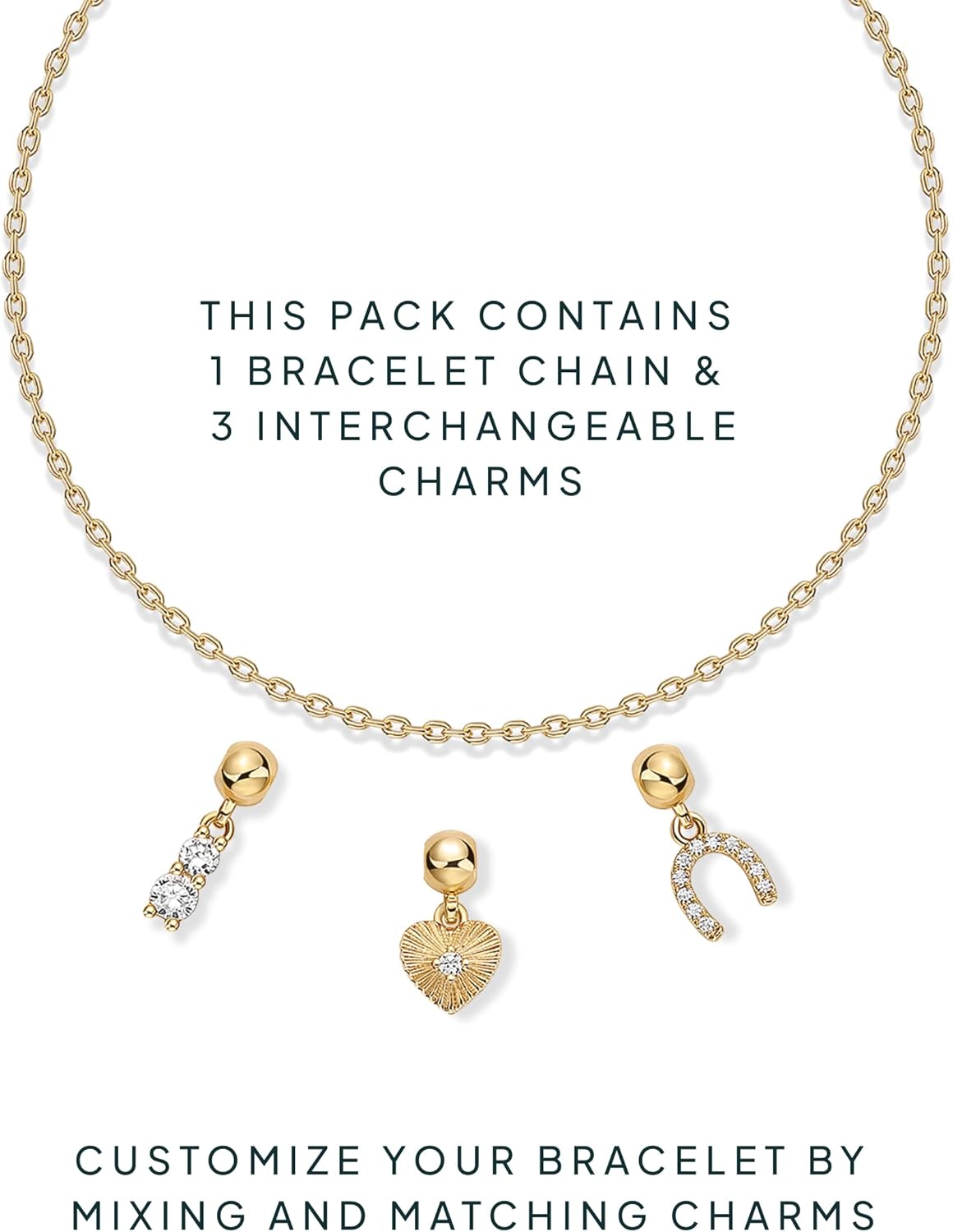 PAVOI 14K Gold Plated Bracelet for Women | Adjustable 7-Inch Sliding Ball Charm Bracelet Set with Removable Horseshoe, Valentines Day Heart, and Cubic Zirconia Charms | Trendy Gold Chain Jewelry - Image 3