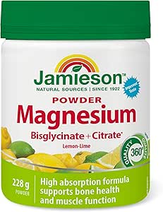 Jamieson Magnesium Bisglycinate 300 mg Powder Natural Lemon-Lime Flavour, Supports Muscle Function, Bone Health, and Boosts Energy. Gluten-Free, No Artificial Colours, Flavours, or Preservatives, 228 g