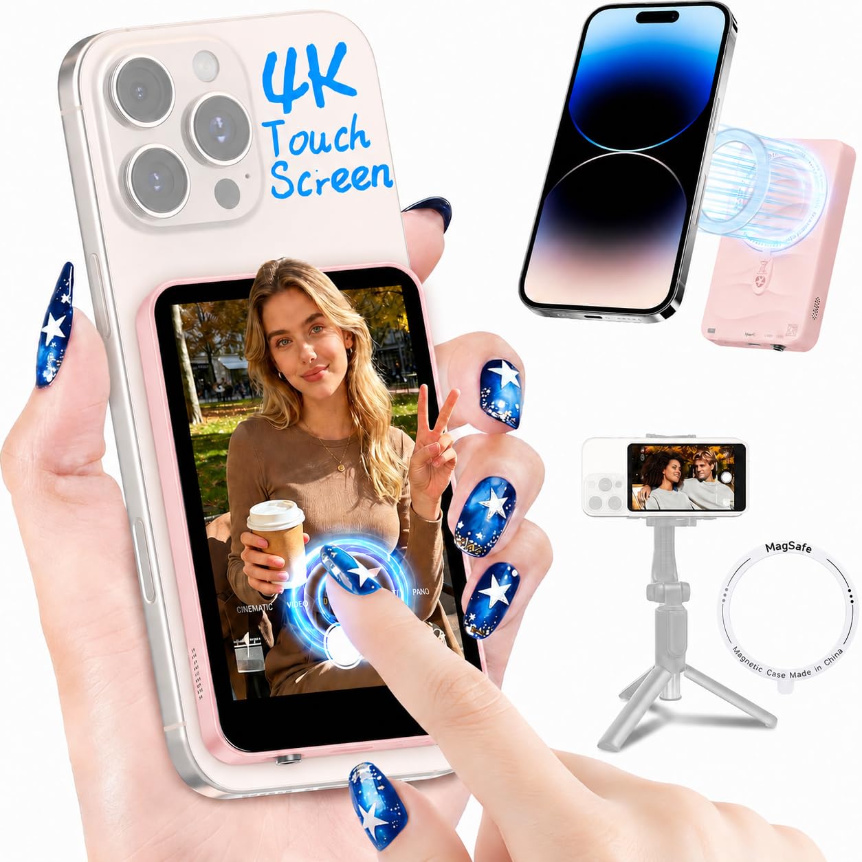 Moman Touchscreen Vlog Selfie Monitor Screen for iPhone, 4K 60fps &amp; Encrypted Private P2P Wireless, Magnetic Back Camera Monitor, 164ft Range for TikTok, YouTube, Vlog Photo &amp; Video Kits, Pearl Pink