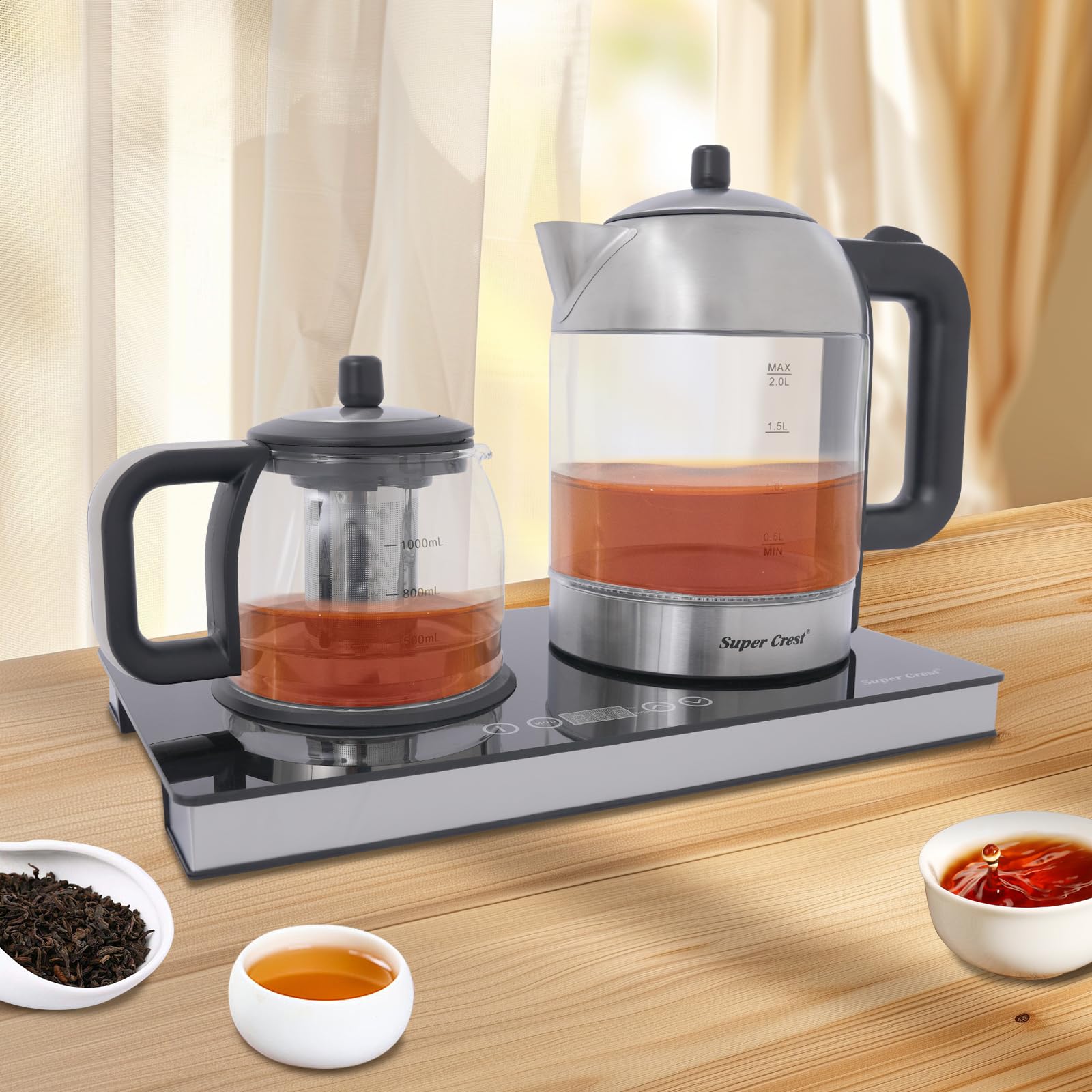Estación de té y café en uno, base de hervidor de agua con pantalla LCD | Tetera de 2 litros y 1 L con filtro de acero inoxidable, ajuste de temperatura y sensor táctil, estación de té de 1500 W