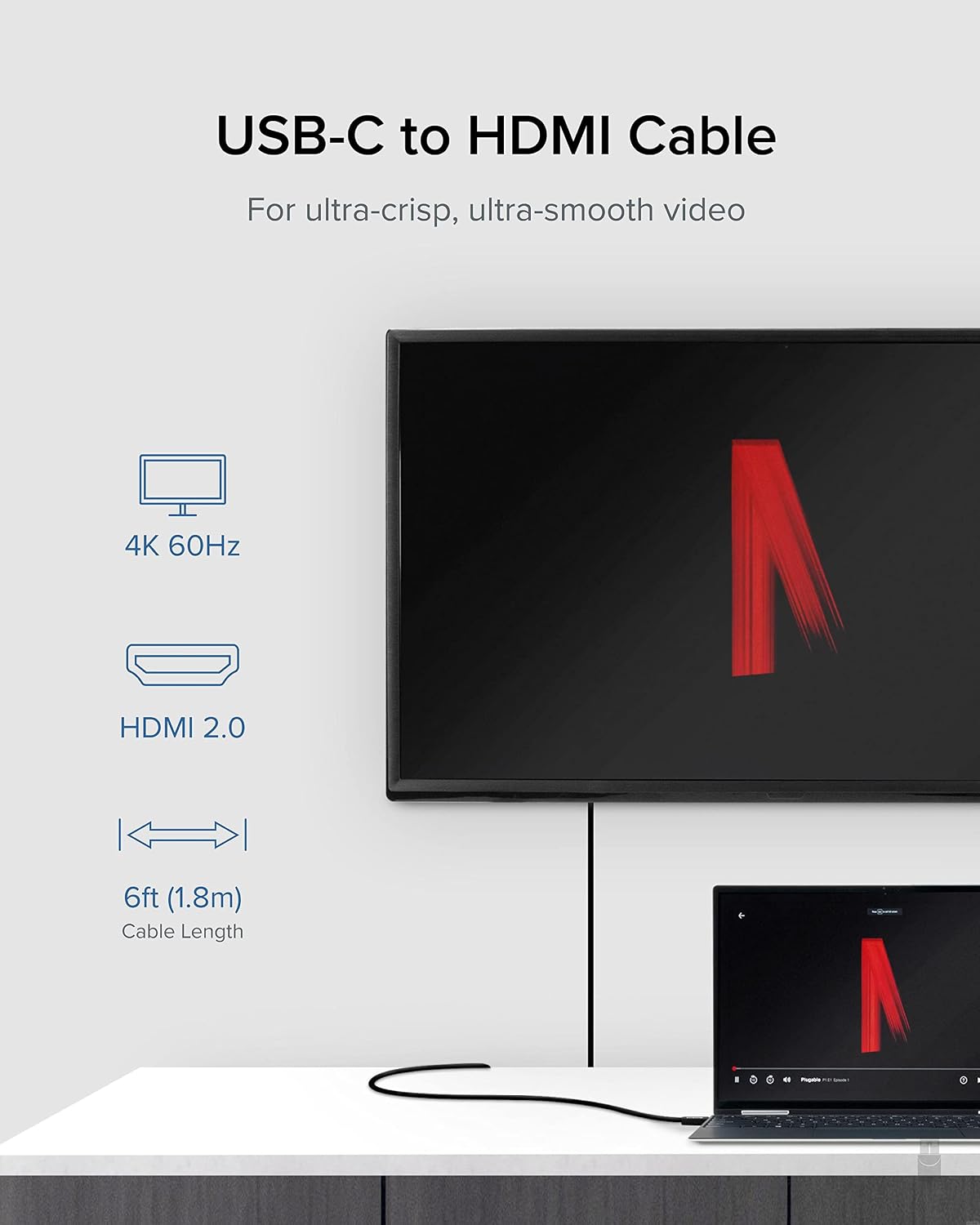 Plugable USB C to HDMI Cable 6ft - Connect USB-C, Thunderbolt 3, Thunderbolt 4 or USB4 Laptops to HDMI Displays up to 4K@60Hz - Compatible with Mac and Windows, HDMI 2.0, 1.8m - Driverless