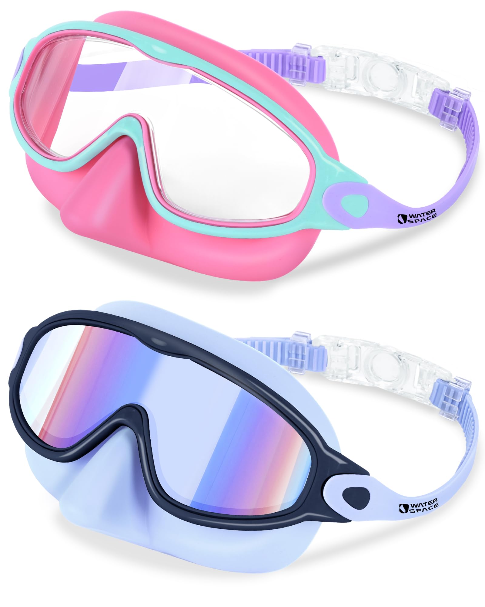 Water Space 2 Pcs Kids Swim Goggles with Nose Cover, Wide View Swimming Diving Mask for Kids Youth 3-15, Anti Fog UV Protection Swimming Goggles